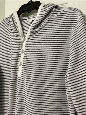 J.Jill Fit Navy Blue Striped Hooded Henley Pullover with front placket detail